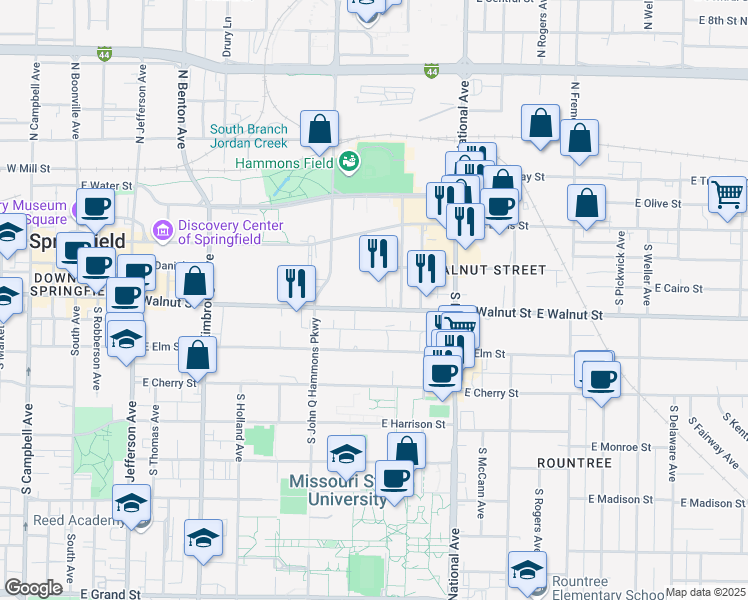 map of restaurants, bars, coffee shops, grocery stores, and more near 1021 East Walnut Street in Springfield