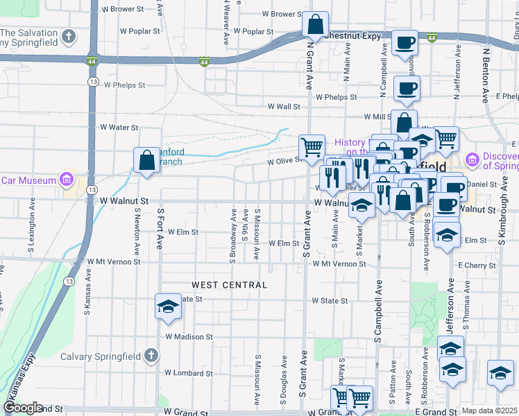 map of restaurants, bars, coffee shops, grocery stores, and more near 831 West Walnut Street in Springfield
