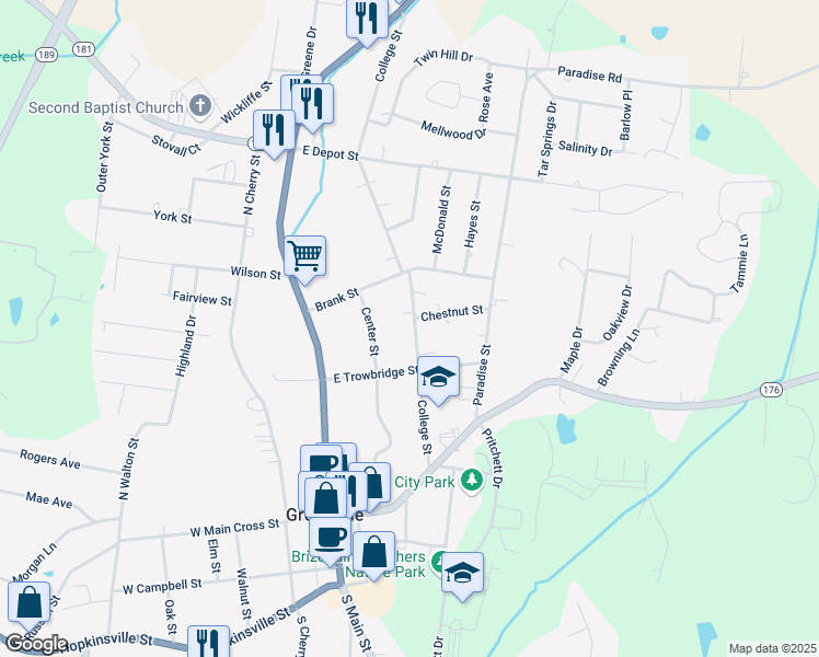map of restaurants, bars, coffee shops, grocery stores, and more near 215 College Street in Greenville