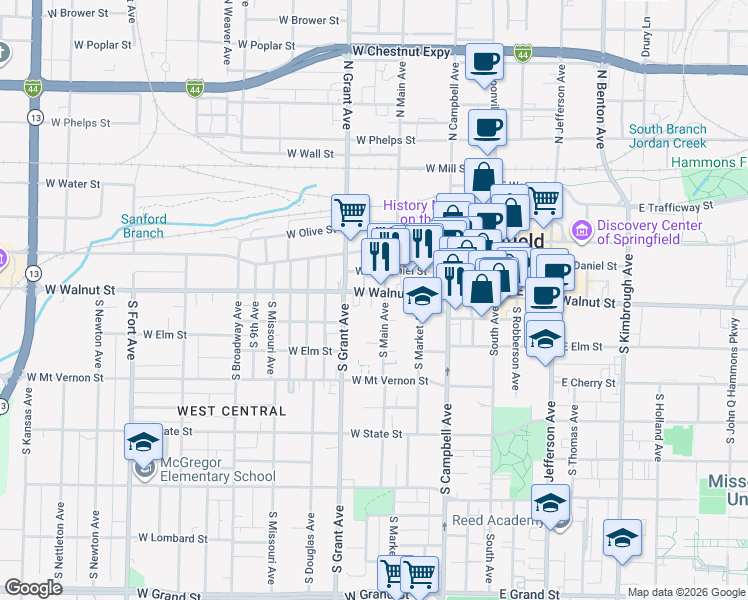 map of restaurants, bars, coffee shops, grocery stores, and more near 535 West Walnut Street in Springfield