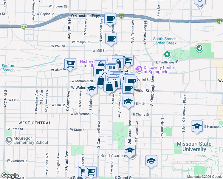 map of restaurants, bars, coffee shops, grocery stores, and more near in Springfield