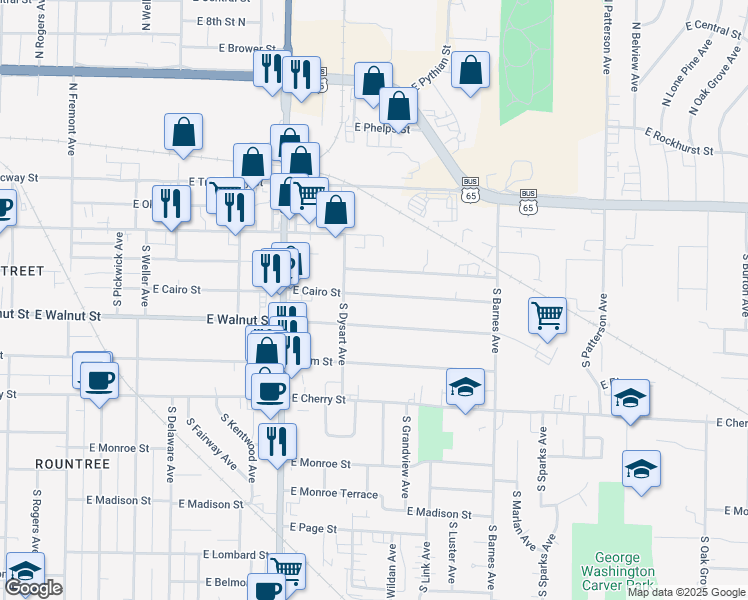 map of restaurants, bars, coffee shops, grocery stores, and more near 1936 East Cairo Street in Springfield