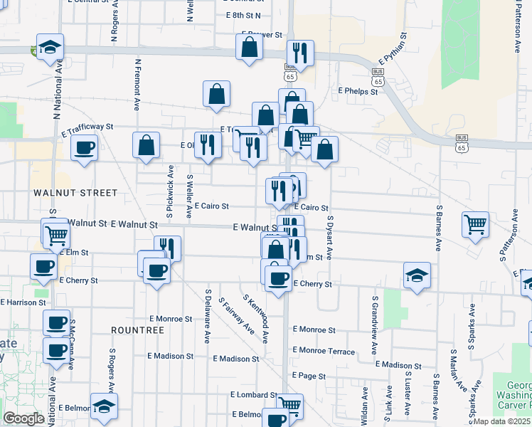 map of restaurants, bars, coffee shops, grocery stores, and more near 313 South Glenstone Avenue in Springfield