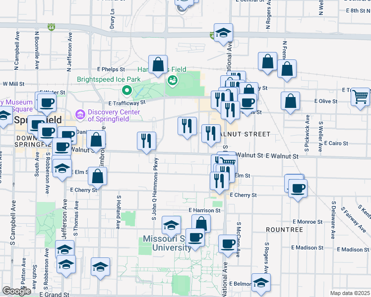 map of restaurants, bars, coffee shops, grocery stores, and more near 319 South Hampton Avenue in Springfield