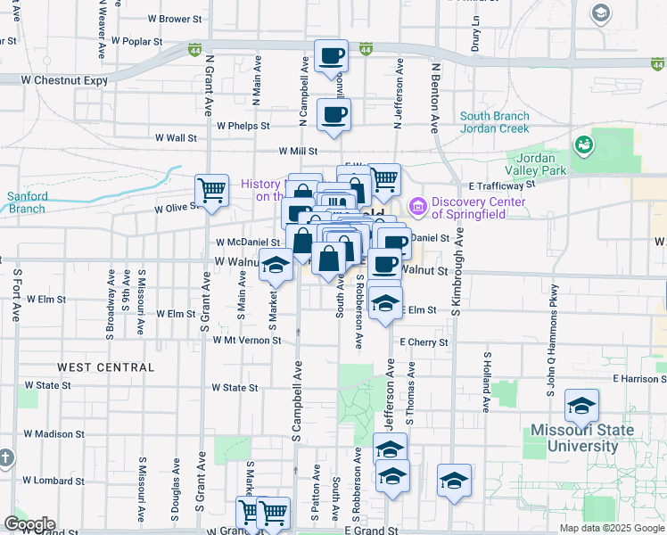 map of restaurants, bars, coffee shops, grocery stores, and more near in Springfield
