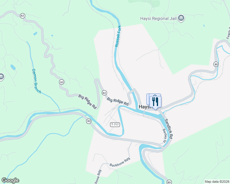 map of restaurants, bars, coffee shops, grocery stores, and more near 9709 Big Ridge Road in Haysi