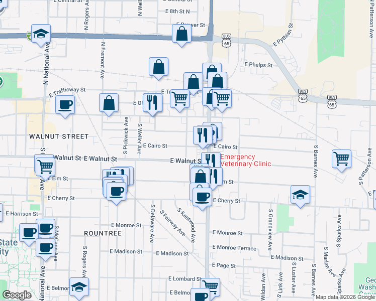 map of restaurants, bars, coffee shops, grocery stores, and more near 1673 East Cairo Street in Springfield