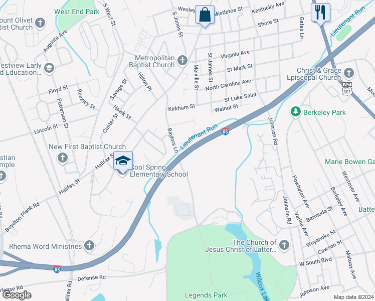 map of restaurants, bars, coffee shops, grocery stores, and more near Richmond-Petersburg Turnpike in Petersburg