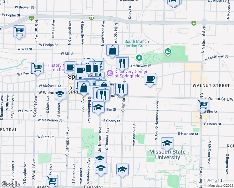 map of restaurants, bars, coffee shops, grocery stores, and more near 505 East Walnut Street in Springfield