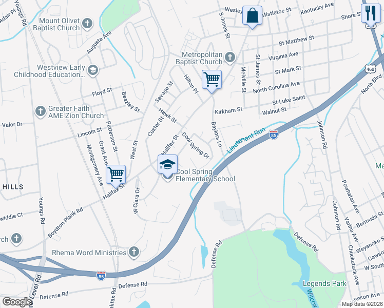 map of restaurants, bars, coffee shops, grocery stores, and more near 942 Cool Spring Drive in Petersburg