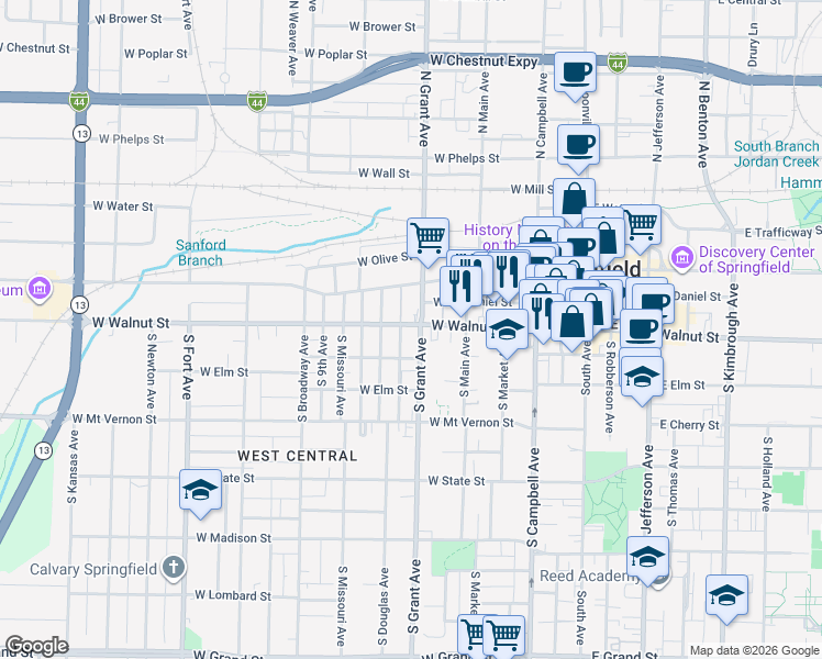 map of restaurants, bars, coffee shops, grocery stores, and more near 639 West Walnut Street in Springfield