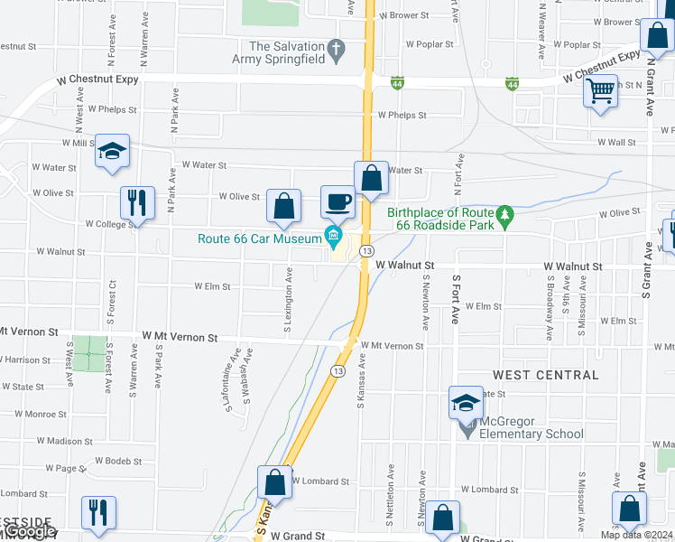 map of restaurants, bars, coffee shops, grocery stores, and more near 1630 West Walnut Street in Springfield