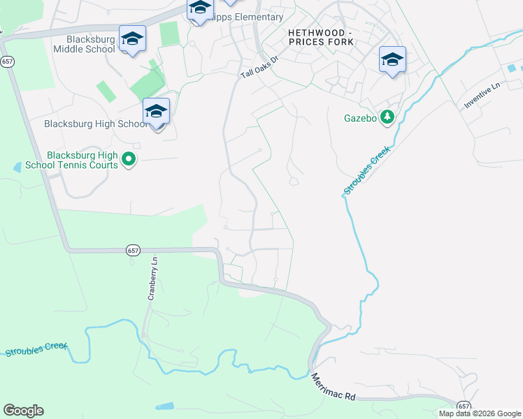 map of restaurants, bars, coffee shops, grocery stores, and more near 5005 Tall Oaks Drive in Blacksburg