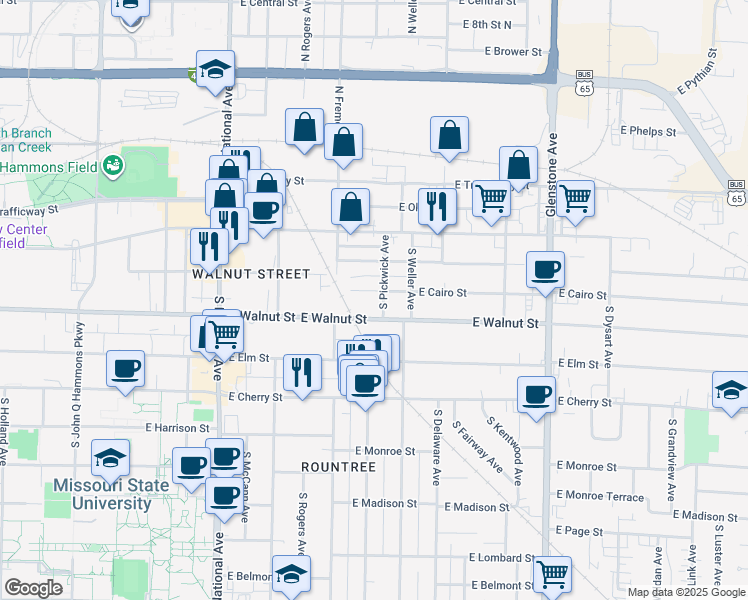 map of restaurants, bars, coffee shops, grocery stores, and more near 1429 East Cairo Street in Springfield
