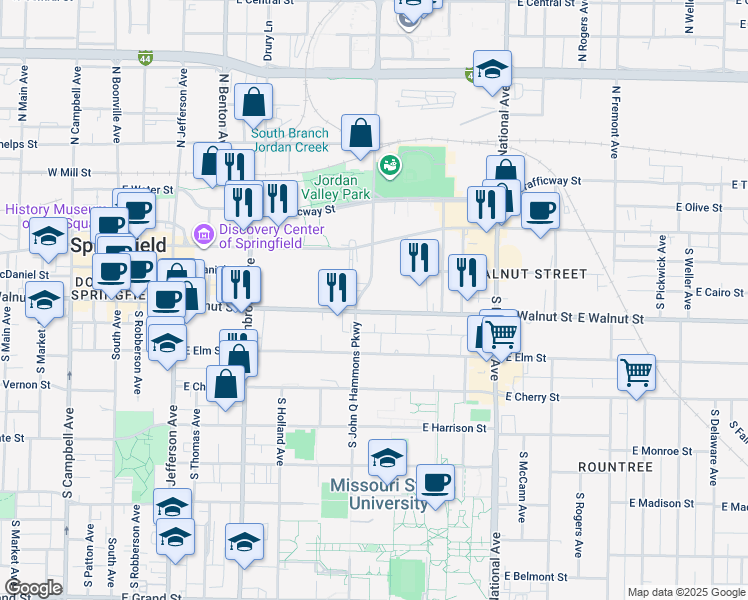 map of restaurants, bars, coffee shops, grocery stores, and more near 350 South John Q Hammons Parkway in Springfield