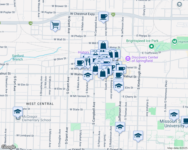 map of restaurants, bars, coffee shops, grocery stores, and more near 322 South Campbell Avenue in Springfield