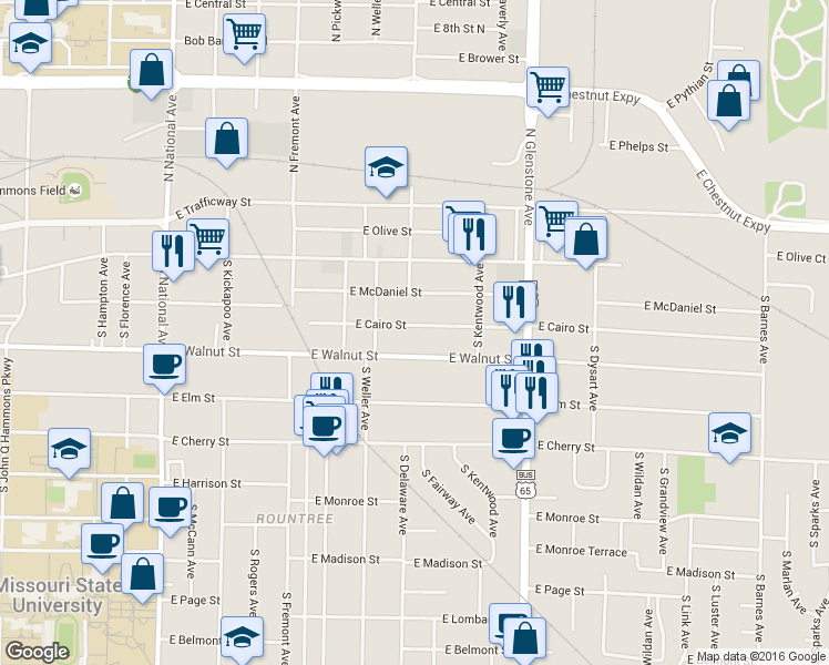 map of restaurants, bars, coffee shops, grocery stores, and more near 1521 East Cairo Street in Springfield