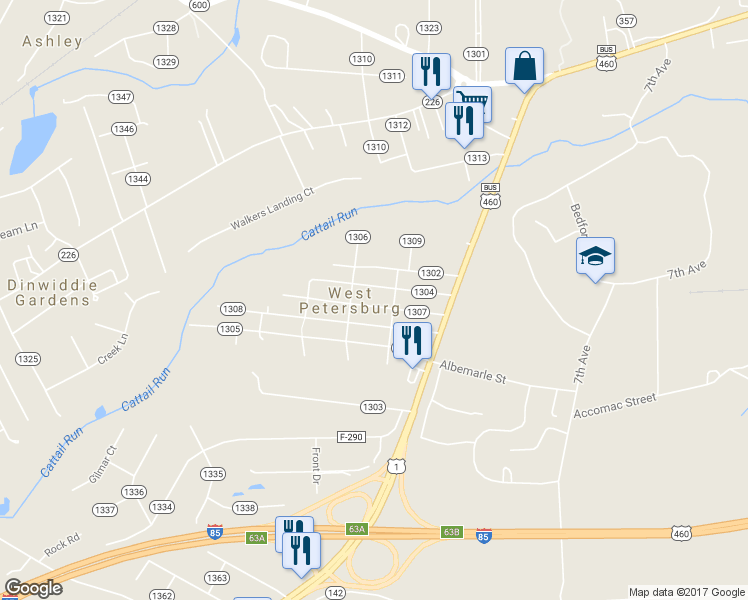 map of restaurants, bars, coffee shops, grocery stores, and more near 25712 Brunswick Avenue in Petersburg
