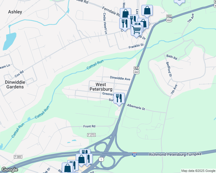 map of restaurants, bars, coffee shops, grocery stores, and more near 25712 Brunswick Avenue in Petersburg