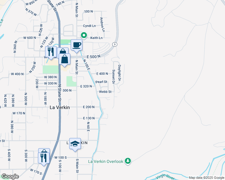 map of restaurants, bars, coffee shops, grocery stores, and more near 301 North 200 East in La Verkin