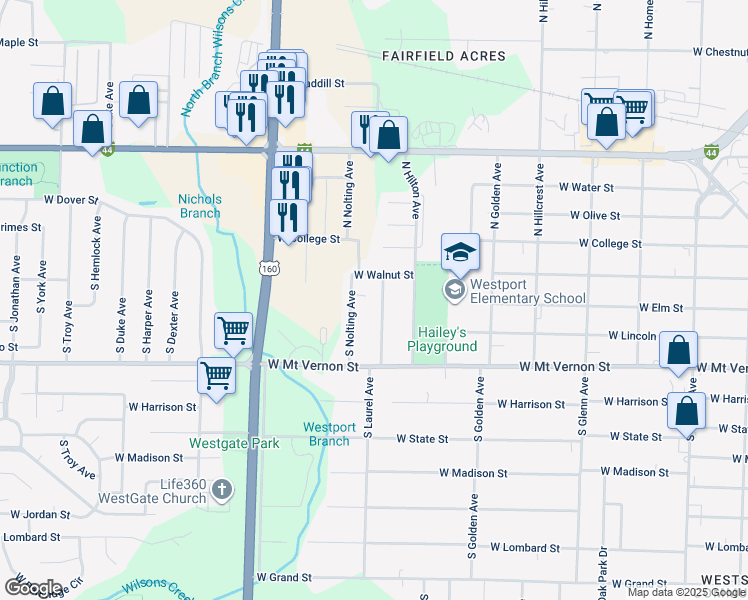 map of restaurants, bars, coffee shops, grocery stores, and more near 414 South Nolting Avenue in Springfield
