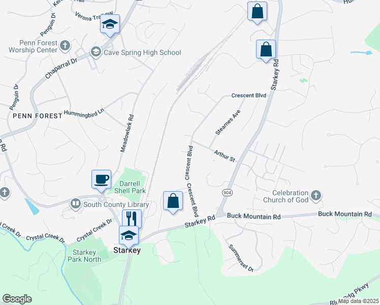 map of restaurants, bars, coffee shops, grocery stores, and more near 5623 Crescent Boulevard in Cave Spring