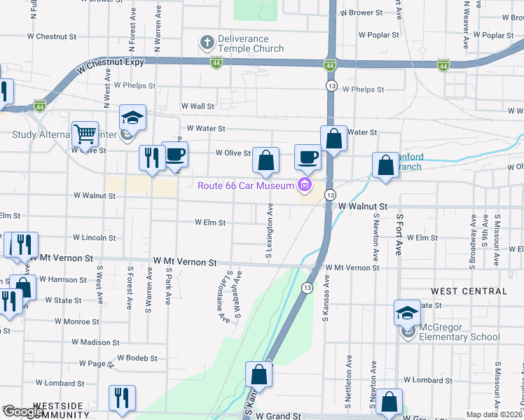 map of restaurants, bars, coffee shops, grocery stores, and more near 1824 West Walnut Street in Springfield