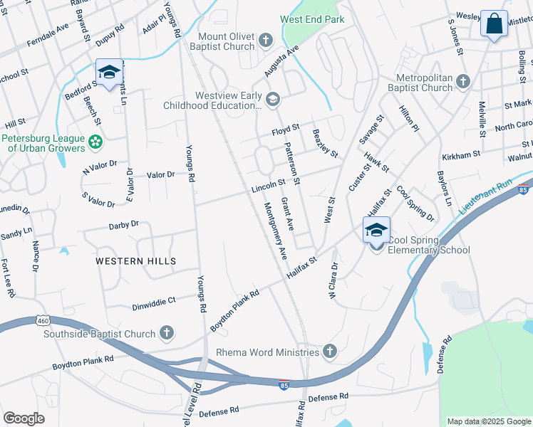 map of restaurants, bars, coffee shops, grocery stores, and more near 1240 Montgomery Avenue in Petersburg