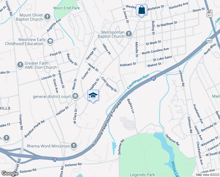 map of restaurants, bars, coffee shops, grocery stores, and more near 930 Cool Spring Drive in Petersburg
