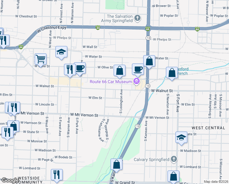map of restaurants, bars, coffee shops, grocery stores, and more near 1824 West Walnut Street in Springfield