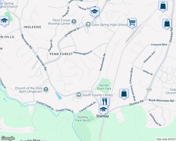 map of restaurants, bars, coffee shops, grocery stores, and more near 2704 Bobwhite Drive in Cave Spring
