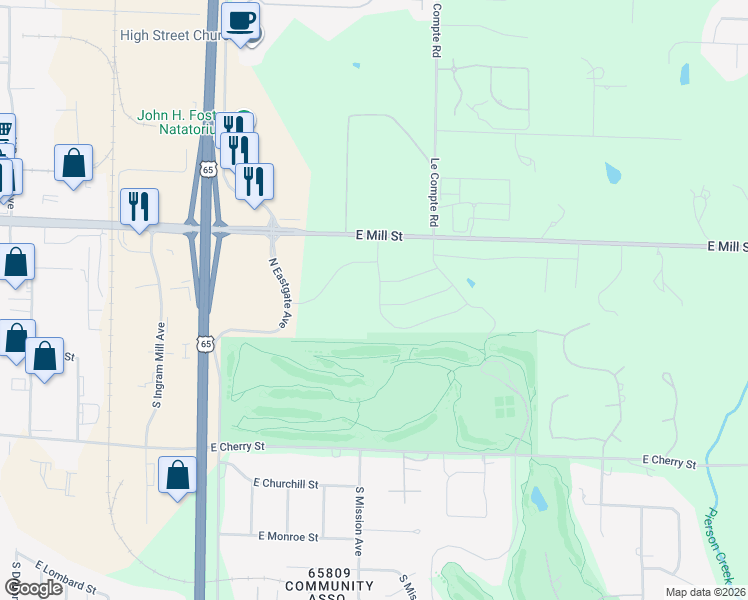 map of restaurants, bars, coffee shops, grocery stores, and more near 3628 East Mill Street in Springfield