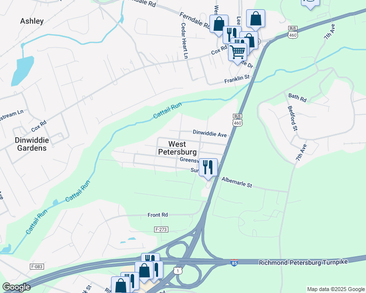 map of restaurants, bars, coffee shops, grocery stores, and more near 25705 Nottoway Avenue in Petersburg