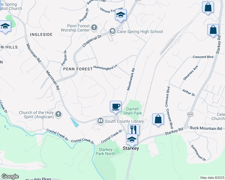 map of restaurants, bars, coffee shops, grocery stores, and more near 2704 Bobwhite Drive in Cave Spring