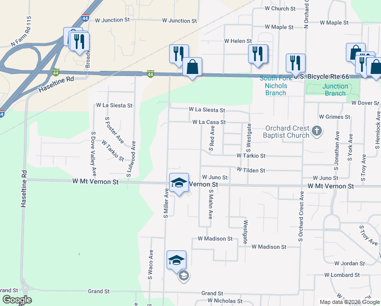 map of restaurants, bars, coffee shops, grocery stores, and more near 4530 West Tarkio Street in Springfield