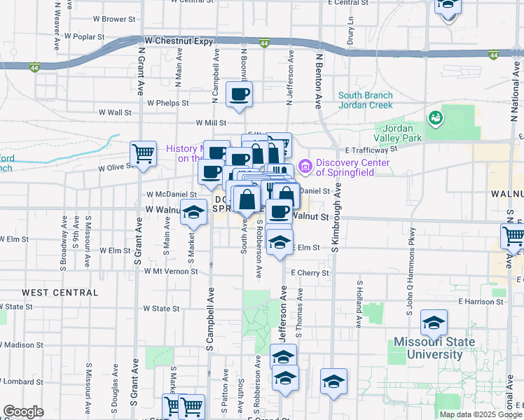 map of restaurants, bars, coffee shops, grocery stores, and more near 305 East Walnut Street in Springfield