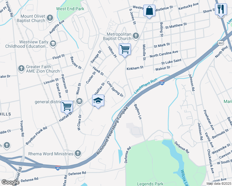 map of restaurants, bars, coffee shops, grocery stores, and more near 930 Cool Spring Drive in Petersburg