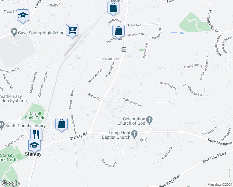map of restaurants, bars, coffee shops, grocery stores, and more near 5504 Capulet Court in Cave Spring