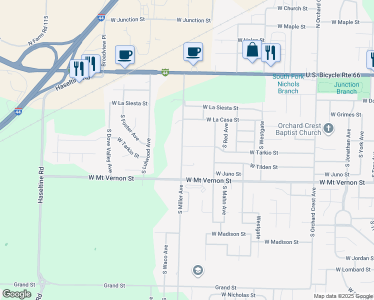 map of restaurants, bars, coffee shops, grocery stores, and more near 500 South Miller Avenue in Springfield