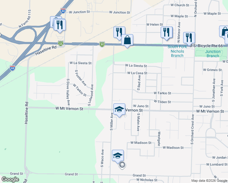 map of restaurants, bars, coffee shops, grocery stores, and more near 500 South Miller Avenue in Springfield