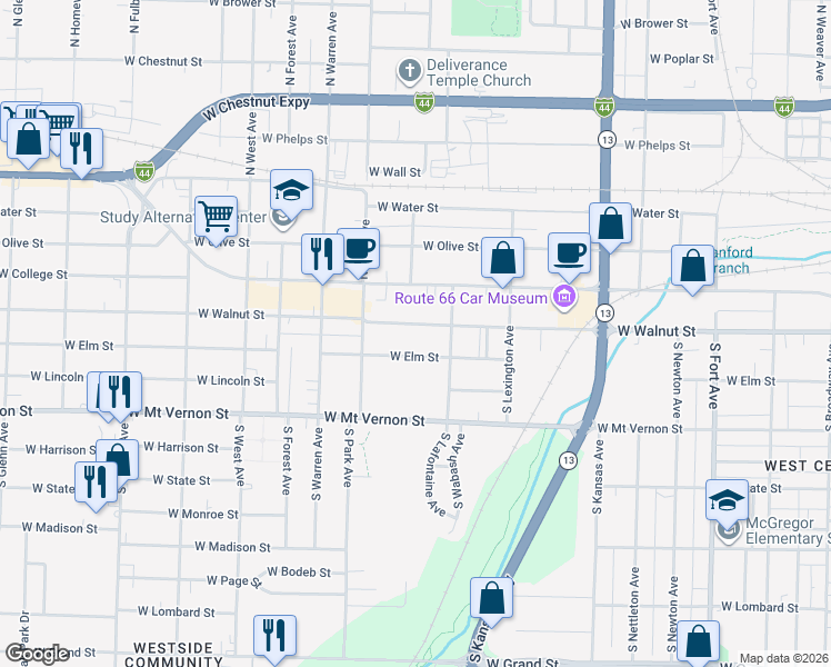 map of restaurants, bars, coffee shops, grocery stores, and more near 2036 West Walnut Street in Springfield