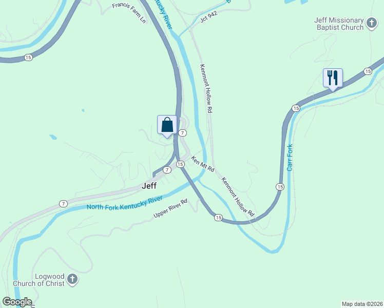 map of restaurants, bars, coffee shops, grocery stores, and more near 150 Kentucky 7 in Jeff