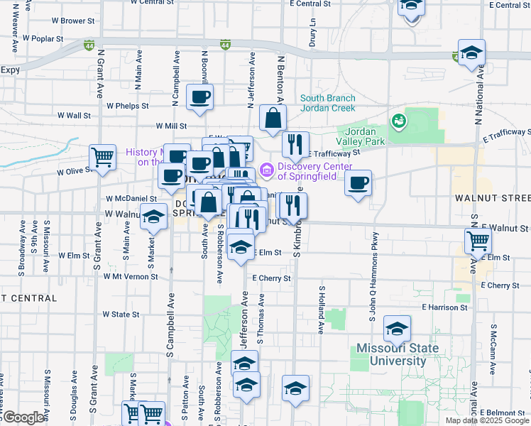 map of restaurants, bars, coffee shops, grocery stores, and more near 505 East Walnut Street in Springfield