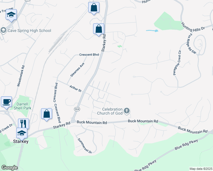map of restaurants, bars, coffee shops, grocery stores, and more near 5518 South Village Drive in Cave Spring
