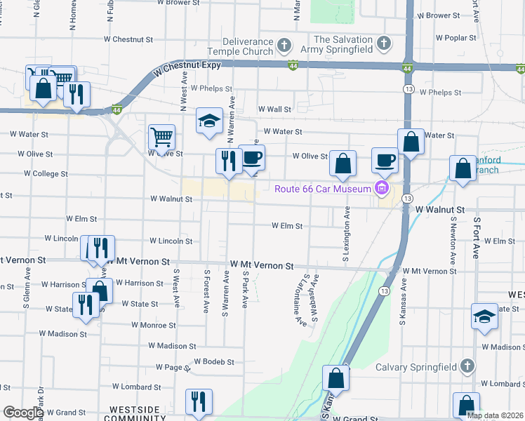 map of restaurants, bars, coffee shops, grocery stores, and more near 2136 West Walnut Street in Springfield