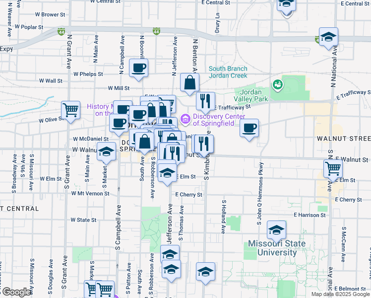 map of restaurants, bars, coffee shops, grocery stores, and more near 505 East Walnut Street in Springfield