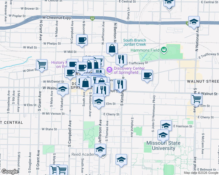 map of restaurants, bars, coffee shops, grocery stores, and more near 435 East Walnut Street in Springfield