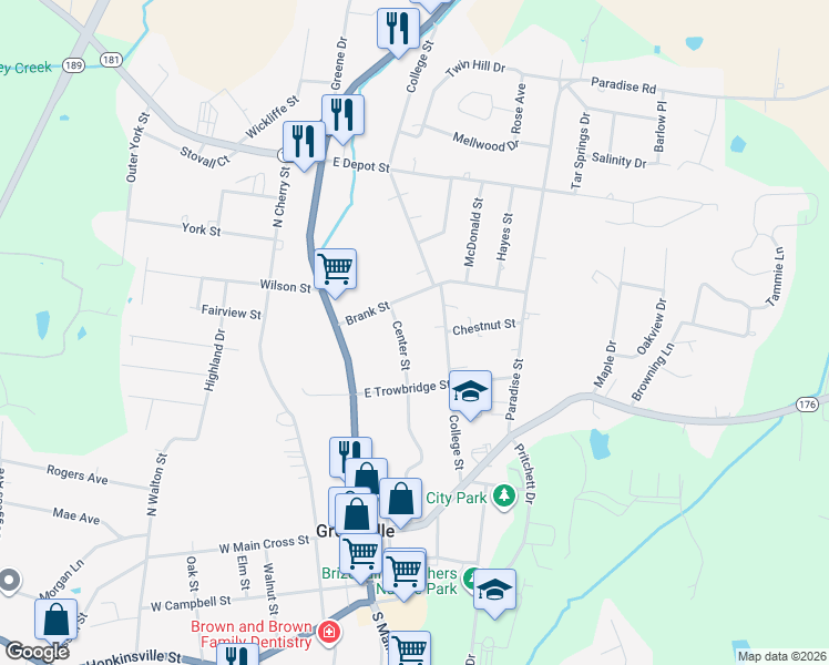 map of restaurants, bars, coffee shops, grocery stores, and more near 301-319 Center Street in Greenville