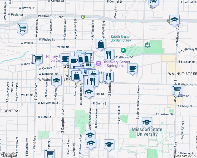 map of restaurants, bars, coffee shops, grocery stores, and more near 435 East Walnut Street in Springfield
