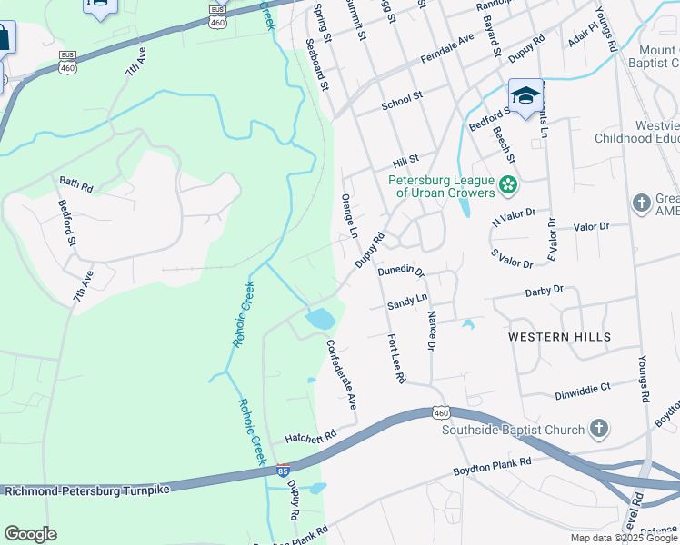 map of restaurants, bars, coffee shops, grocery stores, and more near 2447 Dupuy Road in Petersburg